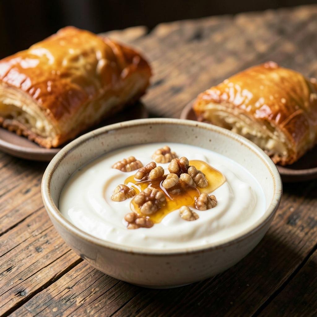 Yogurt with honey and walnuts beside baklava