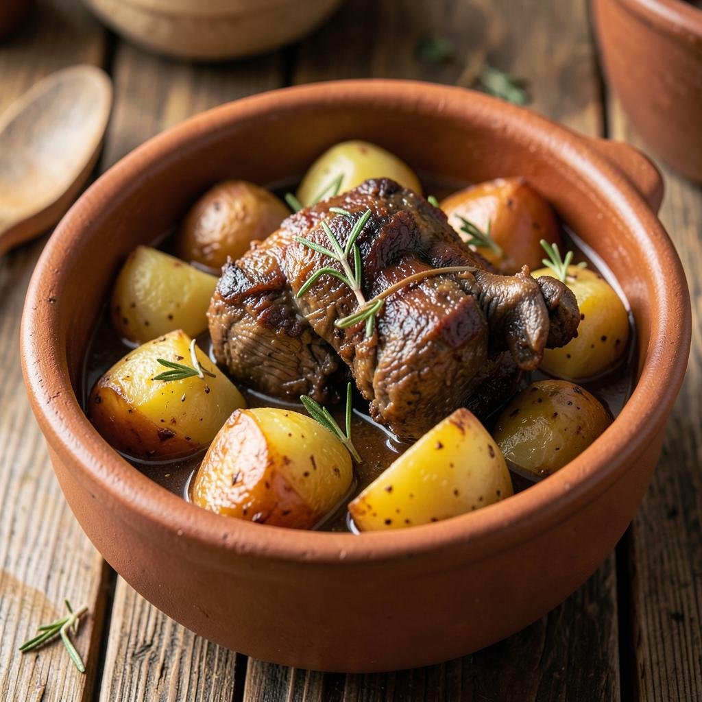 Slow-braised goat with potatoes in a clay pot