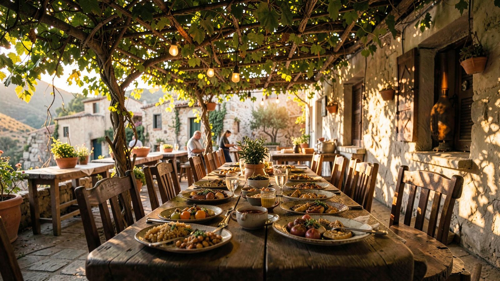 Long table set with Greek dishes under a vine canopy