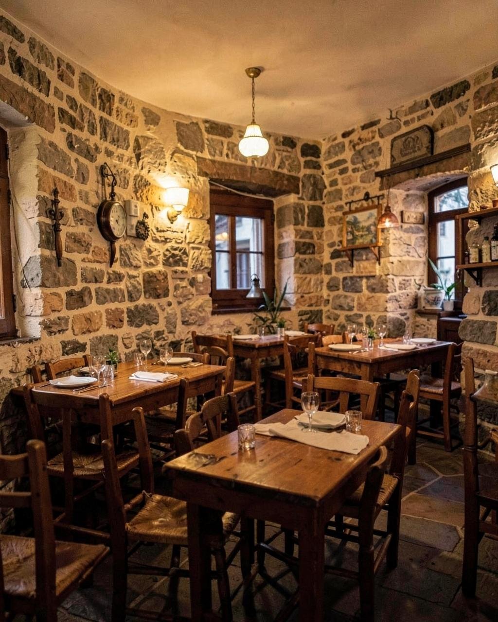 Warm stone-walled dining room of the taverna