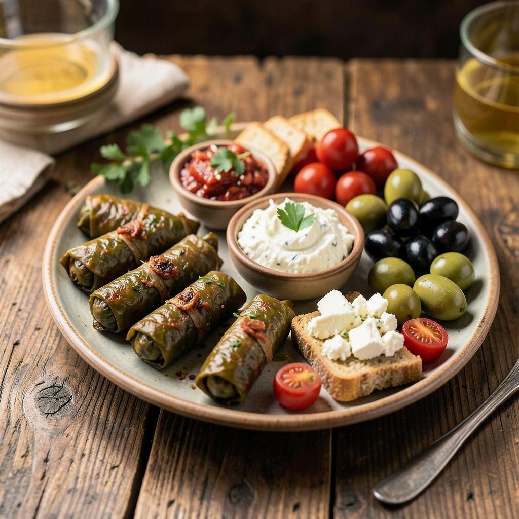Meze plate with dolmades, tzatziki and olives