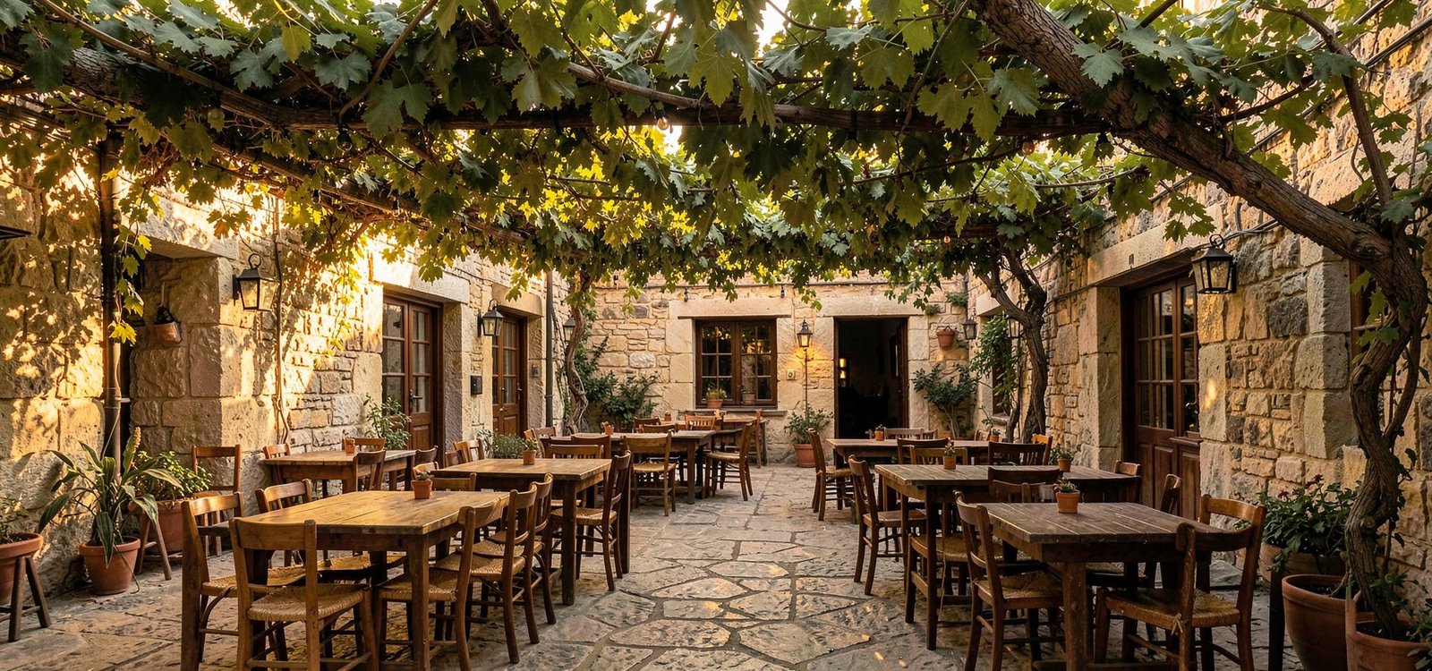 Vine-shaded stone courtyard with wooden tables