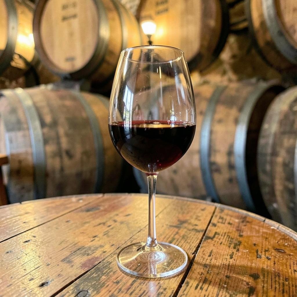 Glass of local red wine in front of barrels